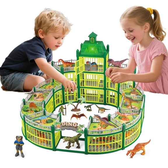 Aijohnny 332PCS Dinosaur House Play Set with LED Light & Sound, Dinosaur Theme Park with 18 Realistic Dinos & Large Battle Cage, Dinosaur Toy for 1-3 3-5 5-8 Year Old