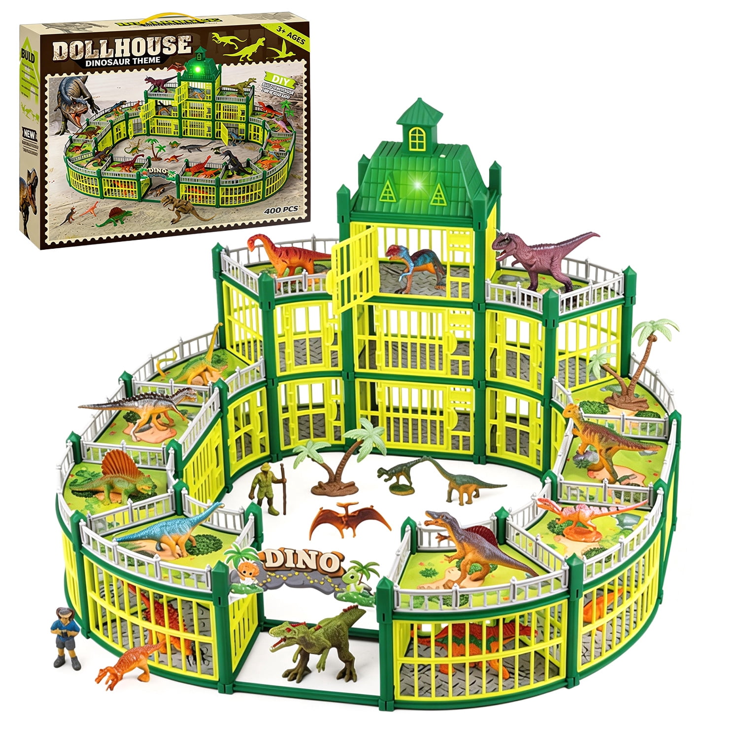 Aijohnny 332PCS Dinosaur House Play Set with LED Light & Sound, Dinosaur Theme Park with 18 Realistic Dinos & Large Battle Cage, Dinosaur Toy for 1-3 3-5 5-8 Year Old