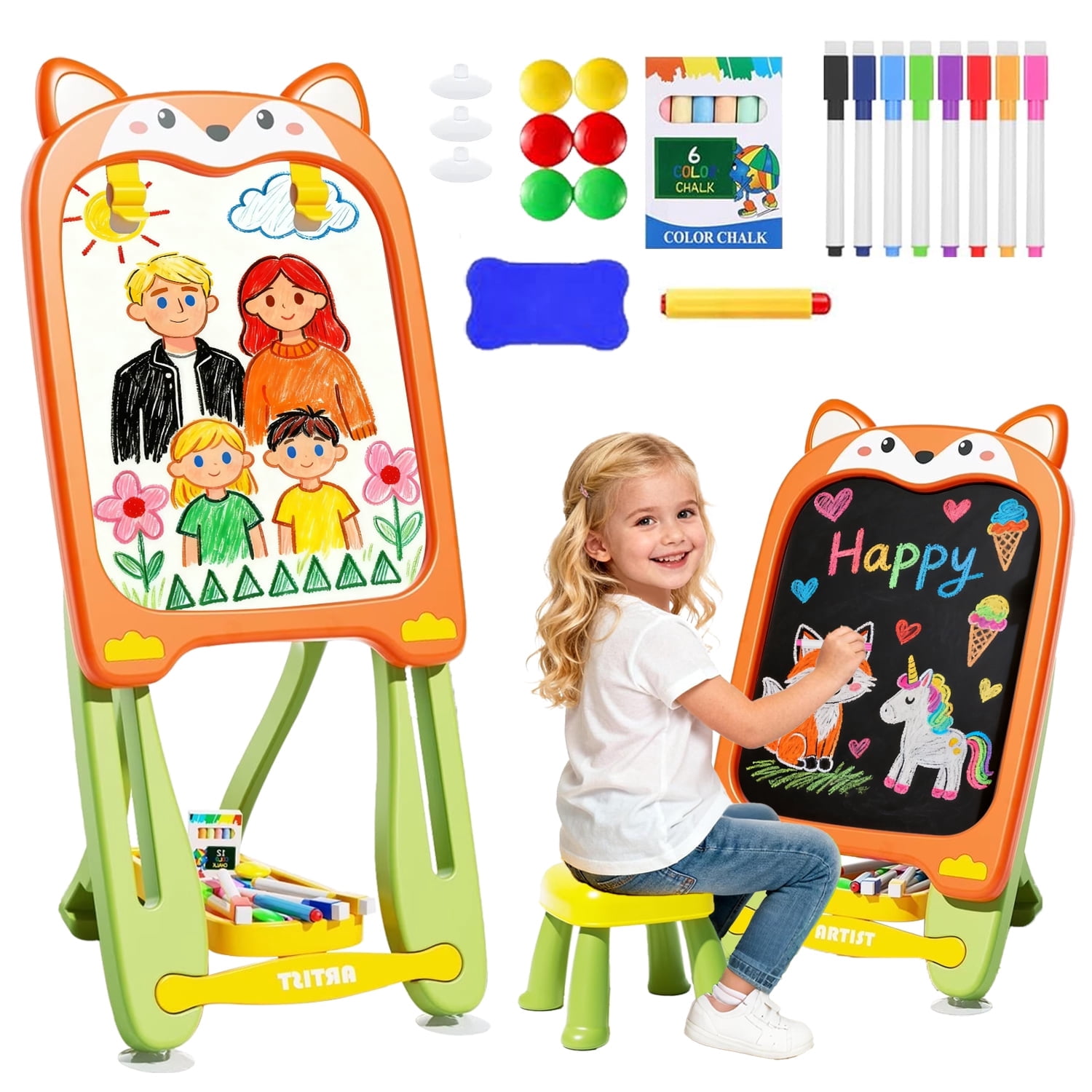 Aijohnny Easel for Kids, Adjustable Standing Magnetic Drawing Board with Chair for Girls & Boys, Birthday Gift for 3-5 5-8 Year Old