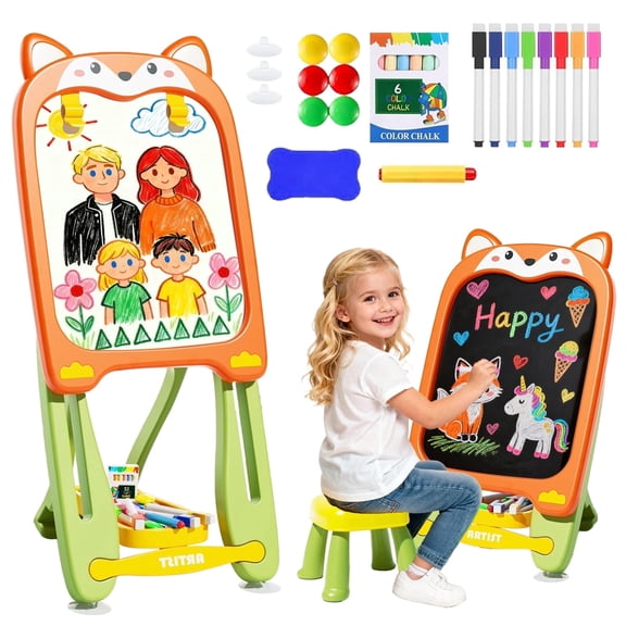Aijohnny Easel for Kids, Adjustable Standing Magnetic Drawing Board with Chair for Girls & Boys, Birthday Gift for 3-8 Year Old