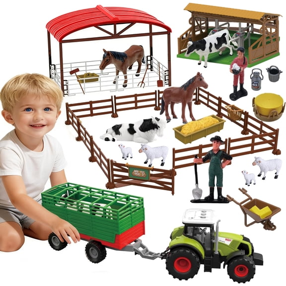 Aijohnny Farm Animal Barn Set with Tractor, Trailer, Horse Stable, Grain Bins, Fence and Farmer Figures, Birthday Gifts for Kids 3-5 5-8 8-12 Year Old