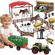 Aijohnny 69 Pcs Farm Animal Barn Set with Tractor, Trailer, Horse Stable, Grain Bins, Fence and Farmer Figures, Birthday Gifts for Kids 3-12 Year Old