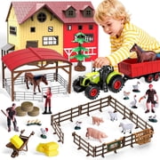 Aijohnny Farm Animal Set with Red Barn,Tractor,Trailer,Horse Stable,Grain Bins,Fence and Accessories,Farm House Toy for Kids 3-12 Year Old