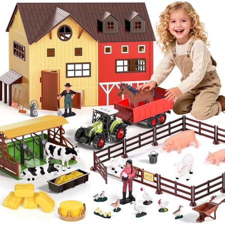 Aijohnny Farm Animals Barn House Toys, Farm Figures Play Set for Kids & Toddlers, Birthday Eastert Gifts for 1-3 3-5 5-8 Year Old