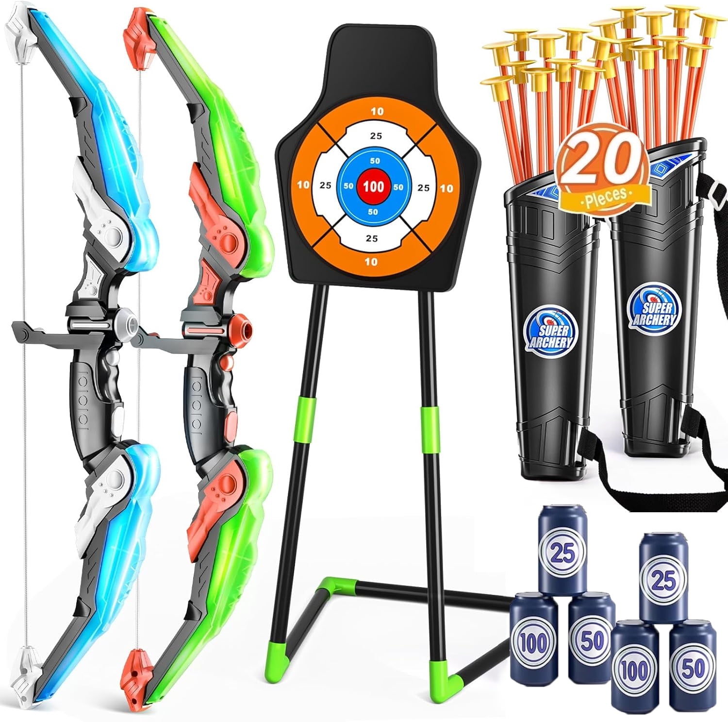 Aijohnny Kids Bow and Arrow Set with LED Flash Lights, Archery Set with Standing Target,Indoor Outdoor Sport Gift for Boys and Girls Ages 3-12
