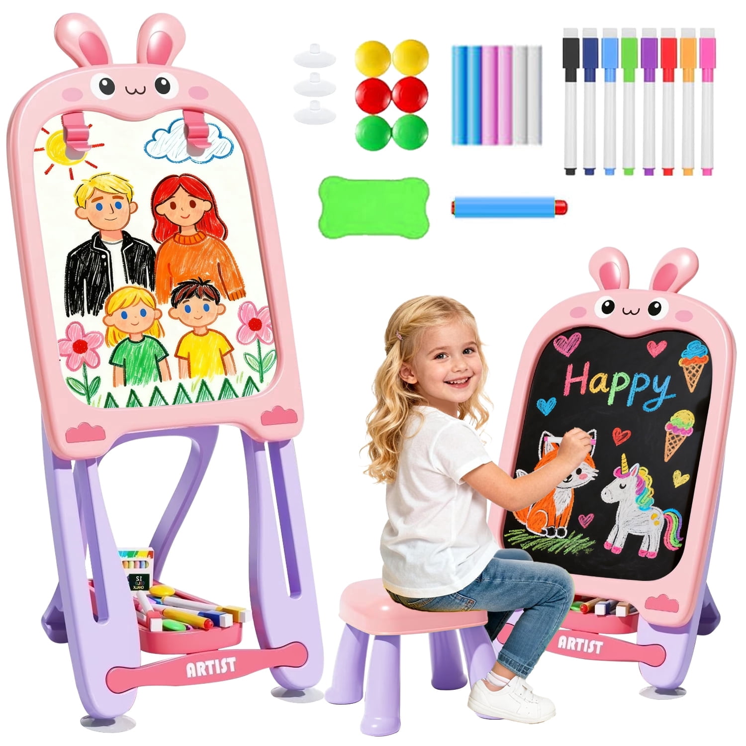 Aijohnny Rabbit Easel for Kids, Adjustable Standing Magnetic Drawing Board with Chair for Girls & Boys, Birthday Gift for 3-5 5-8 Year Old