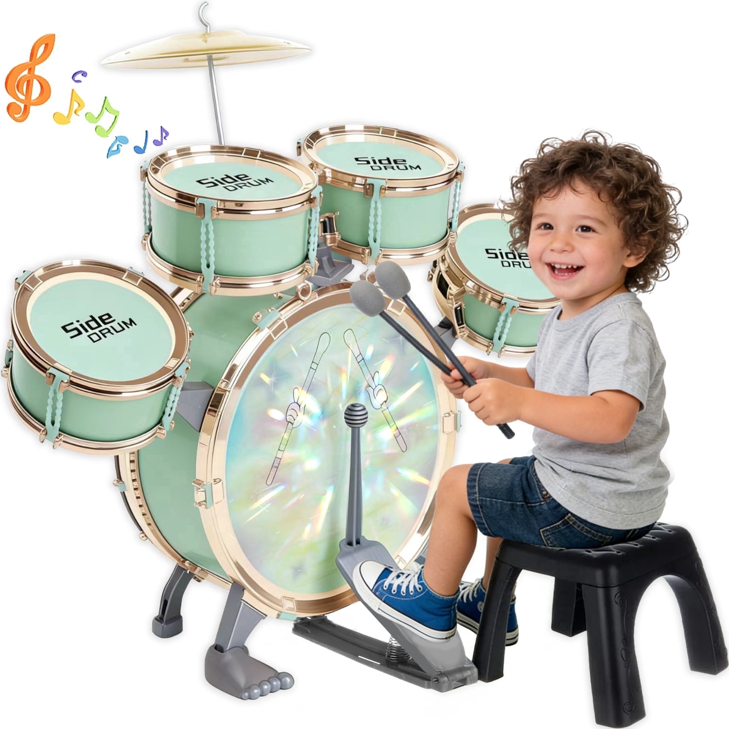 Aijohnny Toddler Light Jazz Drum Set, Musical Kid Drum Set with Stool, Pedal & Drumsticks, Birthday Gifts for Kids 1-3 3-5 5-8 Years Old