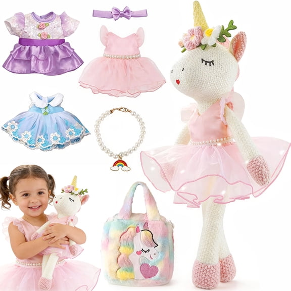 Aijohnny Unicorns Stuffed Animal Doll Toys, Plush Doll with Cloth, Shoe, Bag, Ballet Dress up Doll for Girl, Birthday Gifts for 1-3 3-5 5-8 Year Old