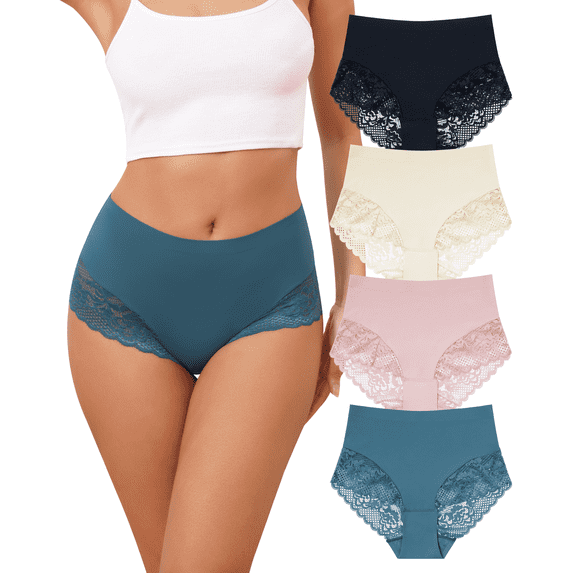 Aijolen Women's Underwear High Waisted Briefs Hip Part Lace Full Coverage Panties 4 Pack S‑2XL