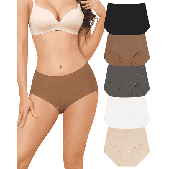 Aijolen Women's High Waisted Camel Proof Seamless Underwear No Show Yoga Workout Briefs 5 Pack(L,Timber Shades)