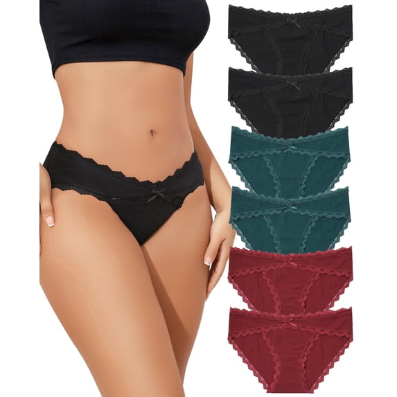 Aijolen Women's Cotton Underwear Lace Rib Cheeky Bikini Panties Stretch Breathable 6 Pack(M,Ember Fern)