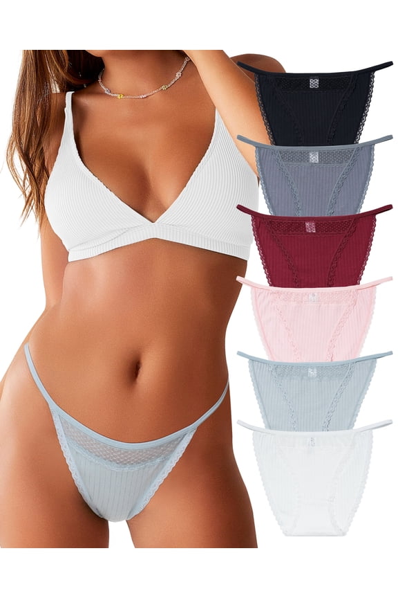 Women's Cotton Underwear 6 Pack High Cut String Bikini Panties Lace Cut Out Cheeky Stretch No Show(M,Dusk Clouds)