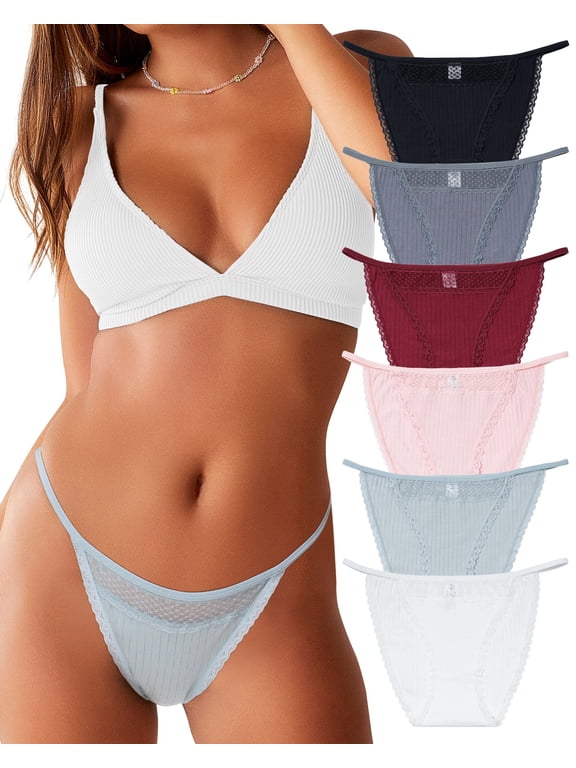 Women's Cotton Underwear 6 Pack High Cut String Bikini Panties Lace Cut Out Cheeky Stretch No Show(XL,Dusk Clouds)
