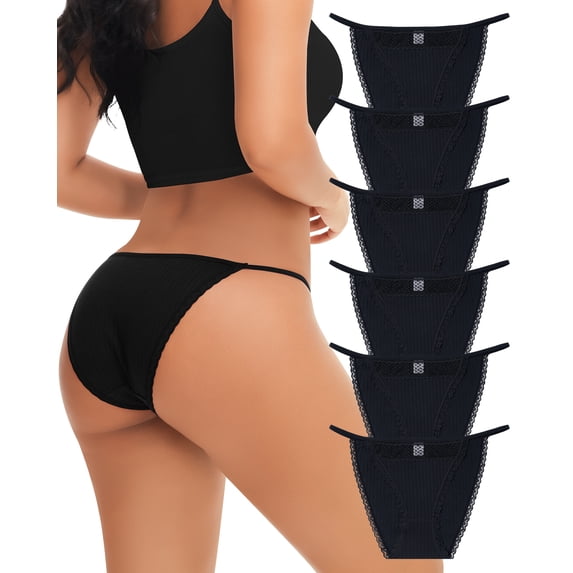 Aijolen Women's Cotton Underwear High Cut String Bikini Panties Lace Cut Out Stretch No Show 6 Pack(L,Black)