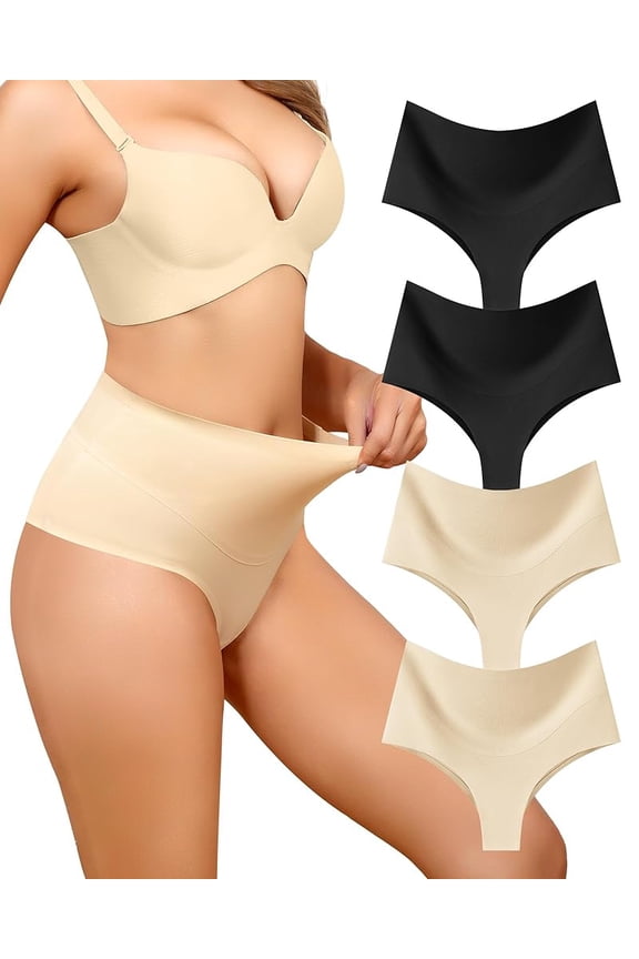 High Waist Tummy Control Shapewear Thongs for Women Seamless Brazilian No Show Postpartum Underwear 4 Pack S-2XL