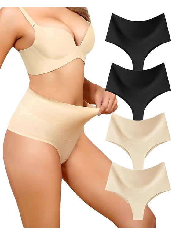 High Waist Tummy Control Shapewear Thongs for Women Seamless Brazilian No Show Postpartum Underwear 4 Pack S-2XL