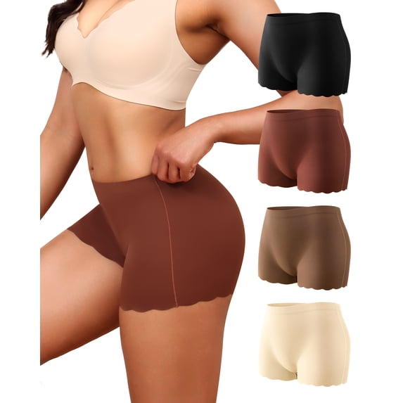Aijolen Women's Seamless High Waisted Boyshorts Wavy Edge Underwear Soft Stretch Boxer Briefs 4 Pack(M,Cork Russet)