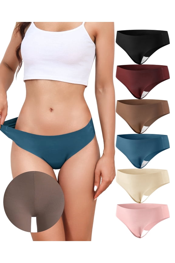 Seamless Thongs for Women No Show Soft Invisible Camel Proof Panties Ice Silk 6 Pack(L,Pink-Blue Hour)