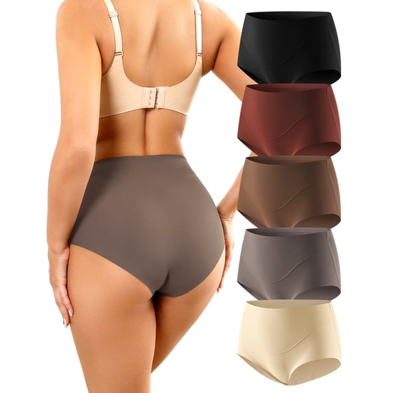 Aijolen Seamless Underwear for Women Invisible Full Coverage High Waisted Briefs No Show Breathable Comfortable Panties 5 Pack(L,Mahogany Dell)