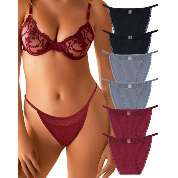 Aijolen Women's Cotton Underwear High Cut String Bikini Panties Lace Cut Out Stretch No Show 6 Pack S-XL