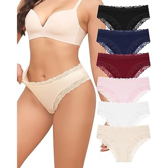 Aijolen Women's Cotton Underwear Lace Cheeky Bikini Panties Soft Stretch Breathable Ladies Underwear Pack 6PCS