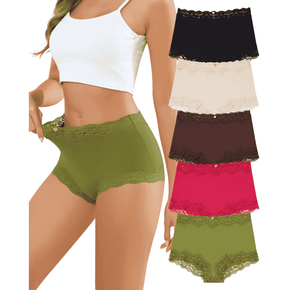 Aijolen Women's Lace Trim Boyshort Panties Ice Silk Boxer Briefs Underwear High Waisted 5-Pack(M,Forest Berry)