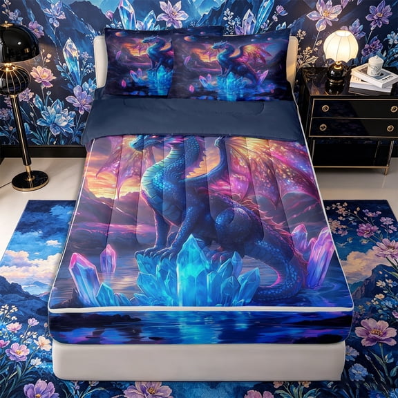 Metsweet Abstract Magic Dragon Zipper Twin Comforter Sets with Fitted Sheet and 2 Pillowcases, Gradient Crystal Zipper Bedding Set, Blue Purple,4-Piece,Navy Blue Reversible
