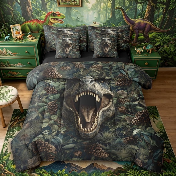 Aikeke Animal Dino T-Rex Twin Bedding 7-Piece, Pine Cone Leaves Bedding Comforter Set, Green Brown,Black Reversible