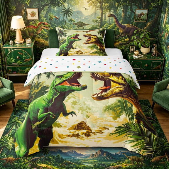 Aikeke Animal Dinosaur Twin Comforter Sets 2pcs, Retro Palm Tree Leaves Bedding Set, Green Yellow Brown,1 Comforter and 1 Pillowcase