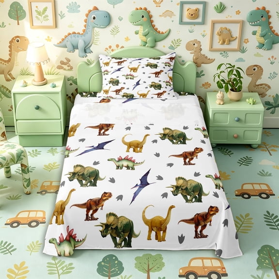 Aikeke Animal Dinosaur Twin Sheets 3pcs, Jungle Wildlife Bedding, Green Brown Gray,1 Fitted Sheet, 1 Flat Sheet and 1 Pillowcase