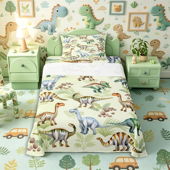 Metsweet Animal Dinosaur Twin Sheets 3pcs, Tropical Leaves Bedding, Green Blue Brown,1 Fitted Sheet, 1 Flat Sheet and 1 Pillowcase