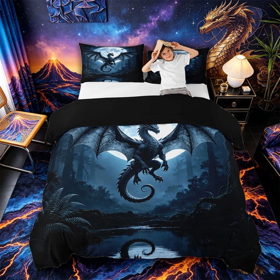 Metsweet Animal Dragon Bedding, Gothic Theme Duvet Cover Full, Blue Black,Black Reversible,3pcs,1 Duvet Cover and 2 Pillowcases