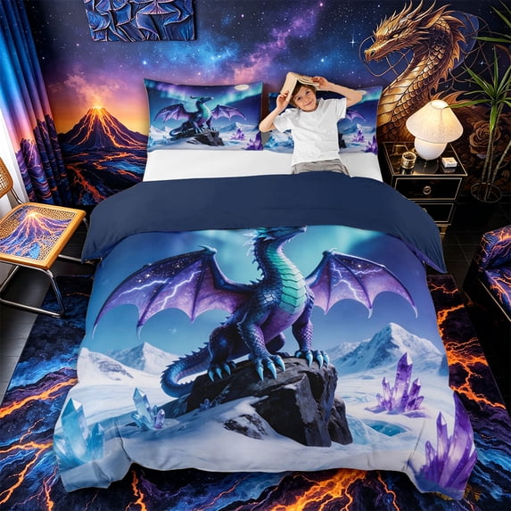 Metsweet Animal Dragon Bedding, Gradient Aurora Crystal Duvet Cover Full, Purple Blue Teal,Navy Blue Reversible,3pcs,1 Duvet Cover and 2 Pillowcases