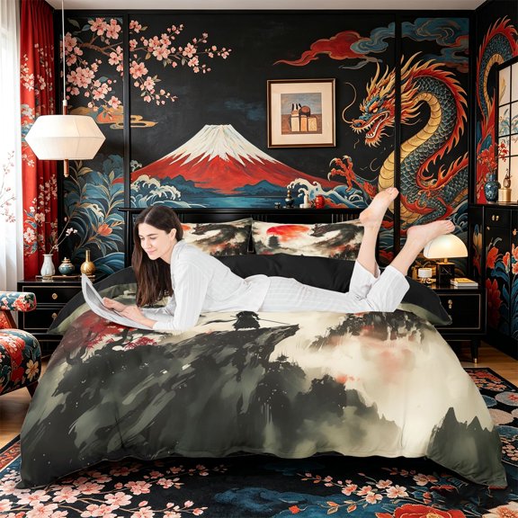 Aikeke Animal Dragon Duvet Cover King, Japanese Samurai King Bedding, Black Red White,Black Reversible,3 Pieces,1 Duvet Cover and 2 Pillowcases