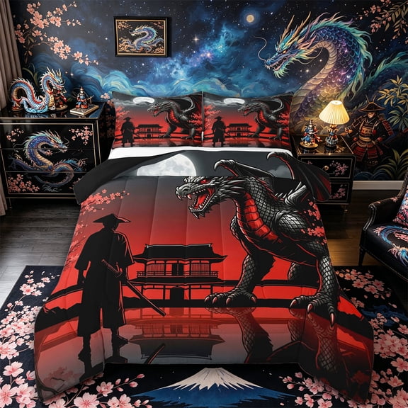 Metsweet Animal Dragon Full Size Comforter Sets 3-Piece, Japanese Samurai Bedding Comforter Set, Black Red Gray,Black Reversible,1 Comforter and 2 Pillowcases