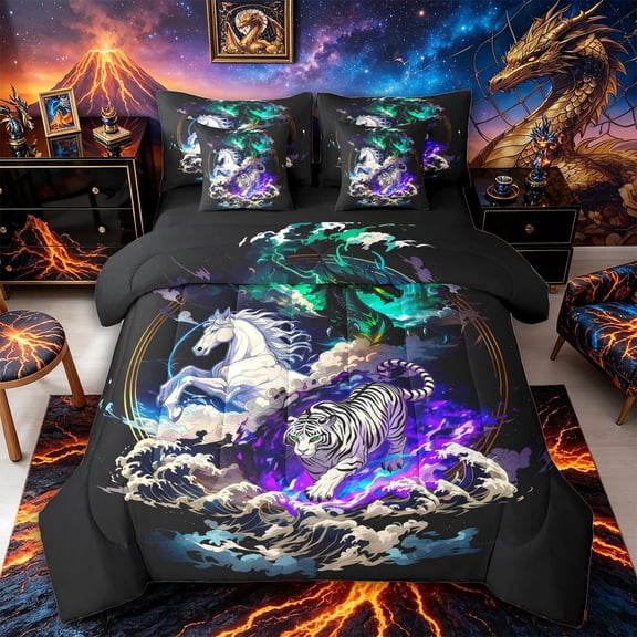 Aikeke Animal Dragon Tiger Unicorn Twin Bedding 7-Piece, Japanese Style Bedding Comforter Set,Black Reversible