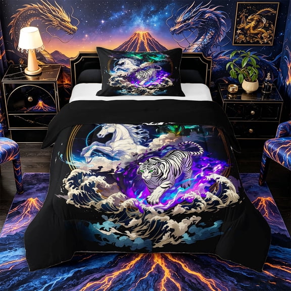 Metsweet Animal Dragon Tiger Unicorn Twin Comforter Sets 2pcs, Japanese Style Bedding Set,Black Reversible,1 Comforter and 1 Pillowcase
