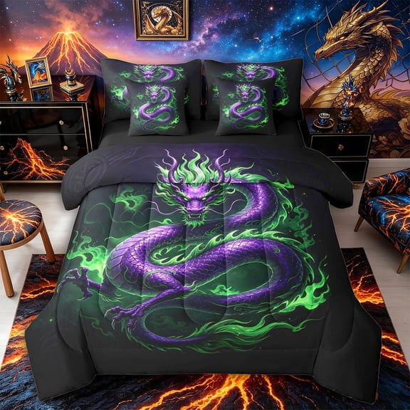 Aikeke Animal Dragon Twin Bedding 7-Piece, Japanese Style Bedding Comforter Set, Green Purple,Black Reversible