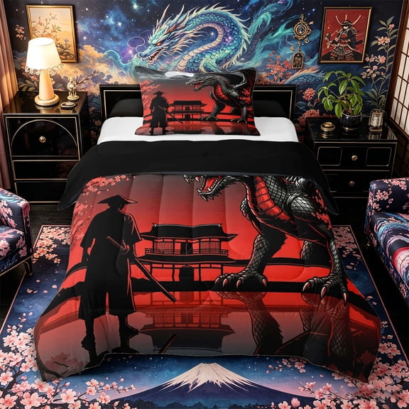 Aikeke Animal Dragon Twin Comforter Sets 2pcs, Japanese Samurai Bedding Set, Black Red Gray,Black Reversible,1 Comforter and 1 Pillowcase