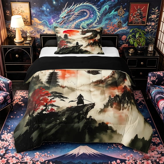 Aikeke Animal Dragon Twin Comforter Sets 2pcs, Japanese Samurai Bedding Set, Black Red White,Black Reversible,1 Comforter and 1 Pillowcase