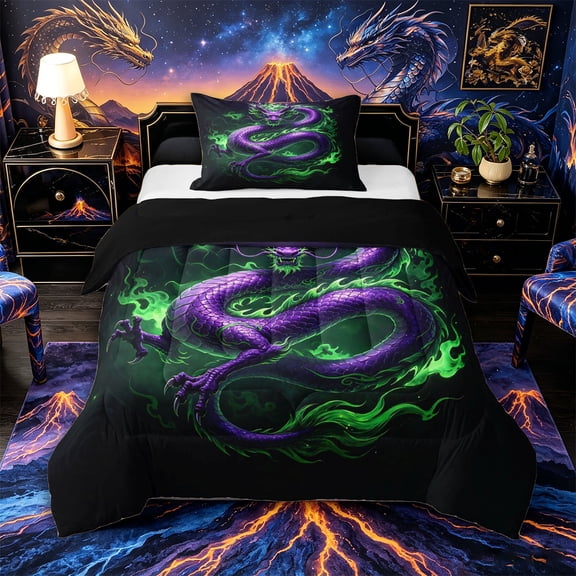 Aikeke Animal Dragon Twin Comforter Sets 2pcs, Japanese Style Bedding Set, Green Purple,Black Reversible,1 Comforter and 1 Pillowcase