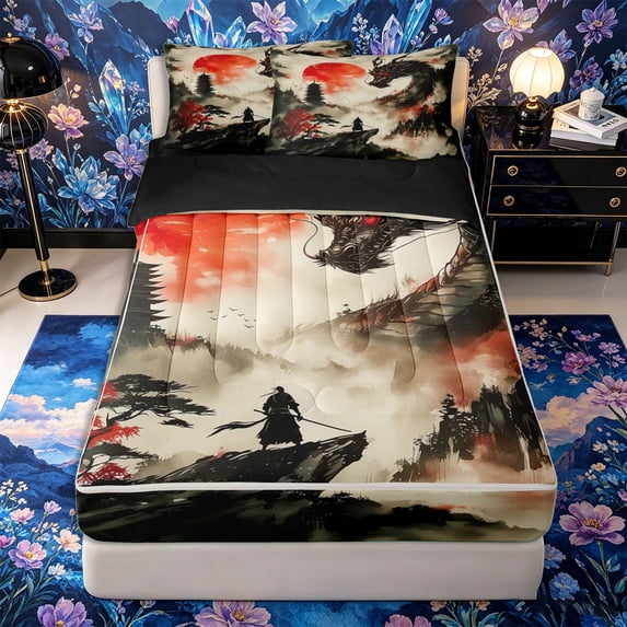 Metsweet Animal Dragon Zipper Full Size Comforter Sets with Fitted Sheet and 2 Pillowcases, Japanese Samurai Zipper Bedding Set, Black Red White,4pcs,Black Reversible