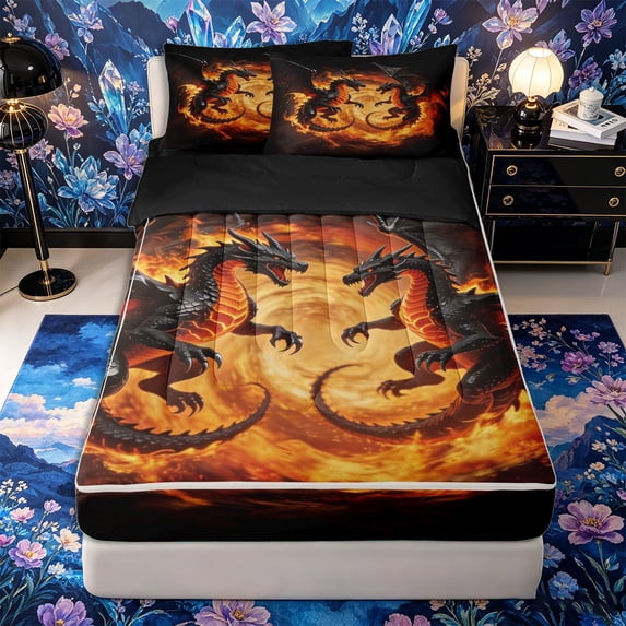 Metsweet Animal Dragon Zipper Twin Comforter Sets with Fitted Sheet and 2 Pillowcases, Abstract Flame Volution Zipper Bedding Set, Orange Red Black,4-Piece,Black Reversible