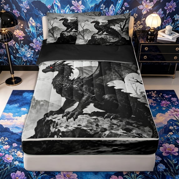 Metsweet Animal Dragon Zipper Twin Comforter Sets with Fitted Sheet and 2 Pillowcases, Japanese Style Zipper Bedding Set, Black White Gray,4-Piece,Black Reversible