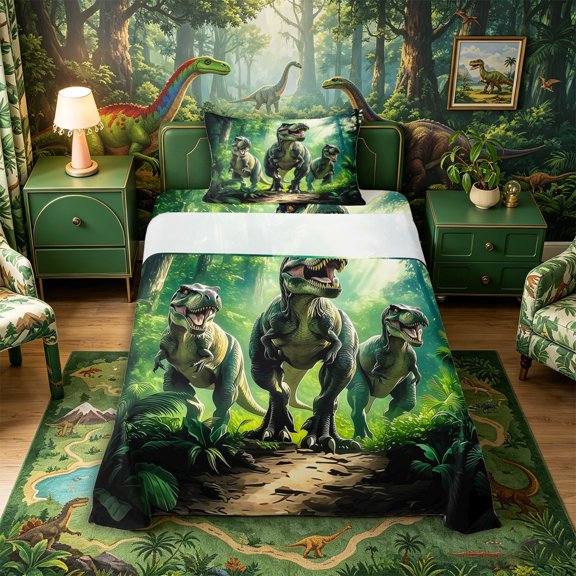 Metsweet Animal T-Rex Twin Sheets 3pcs, Wildlife Dino Bedding, Green Brown,1 Fitted Sheet, 1 Flat Sheet and 1 Pillowcase