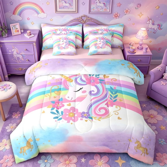 Metsweet Animal Unicorn Queen Bedding 7pcs, Kawaii Flower Rainbow Bedding Comforter Set Queen,Pink Reversible