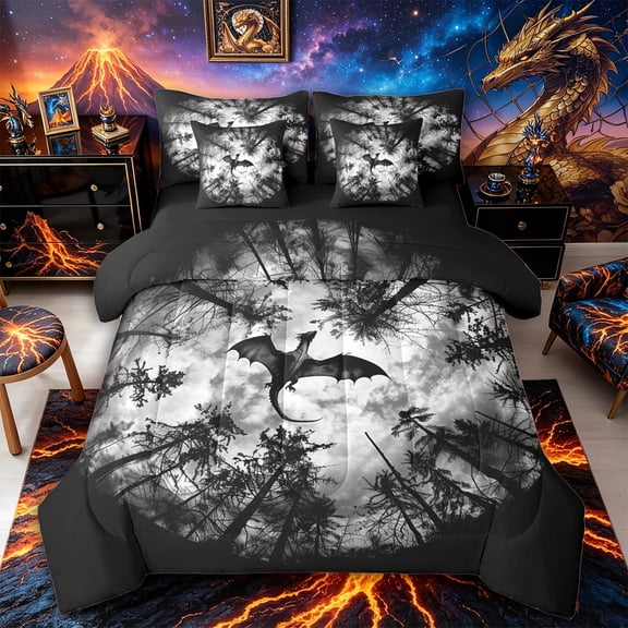 Metsweet Black Dragon Full Size Bedding Sets 7 Pieces, Jungle Animal Full Size Bed in a Bag, Black White Gray,Black Reversible