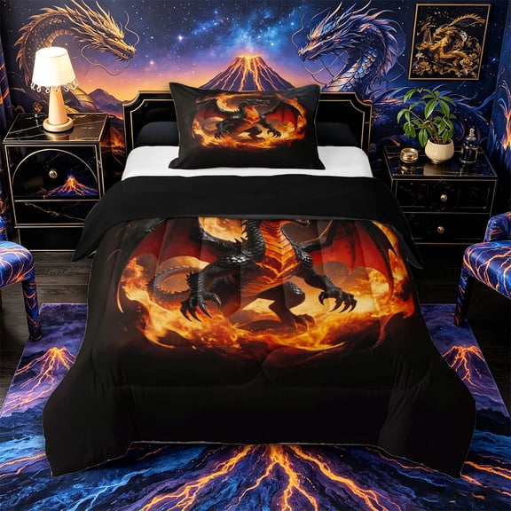 Aikeke Black Dragon Twin Comforter Sets 2pcs for Teens, Abstract Flame Animal Bedding Set, Orange Red,Black Reversible,1 Comforter and 1 Pillowcase