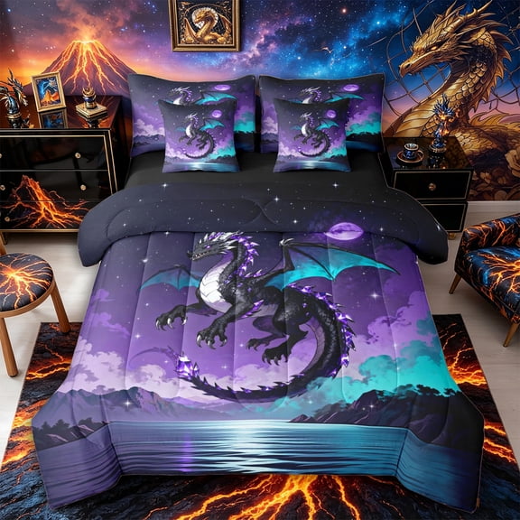 Aikeke Black Purple Dragon Twin Bedding 7-Piece, Gradient Starry Sky Bedding Comforter Set,Black Reversible