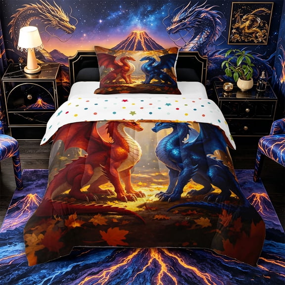 Aikeke Blue Orange Dragon Twin Comforter Sets 2pcs, Maple Leaves Bedding Set, Red Blue,1 Comforter and 1 Pillowcase